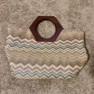 Chevron Patterned Tote Bag with Brown Handle